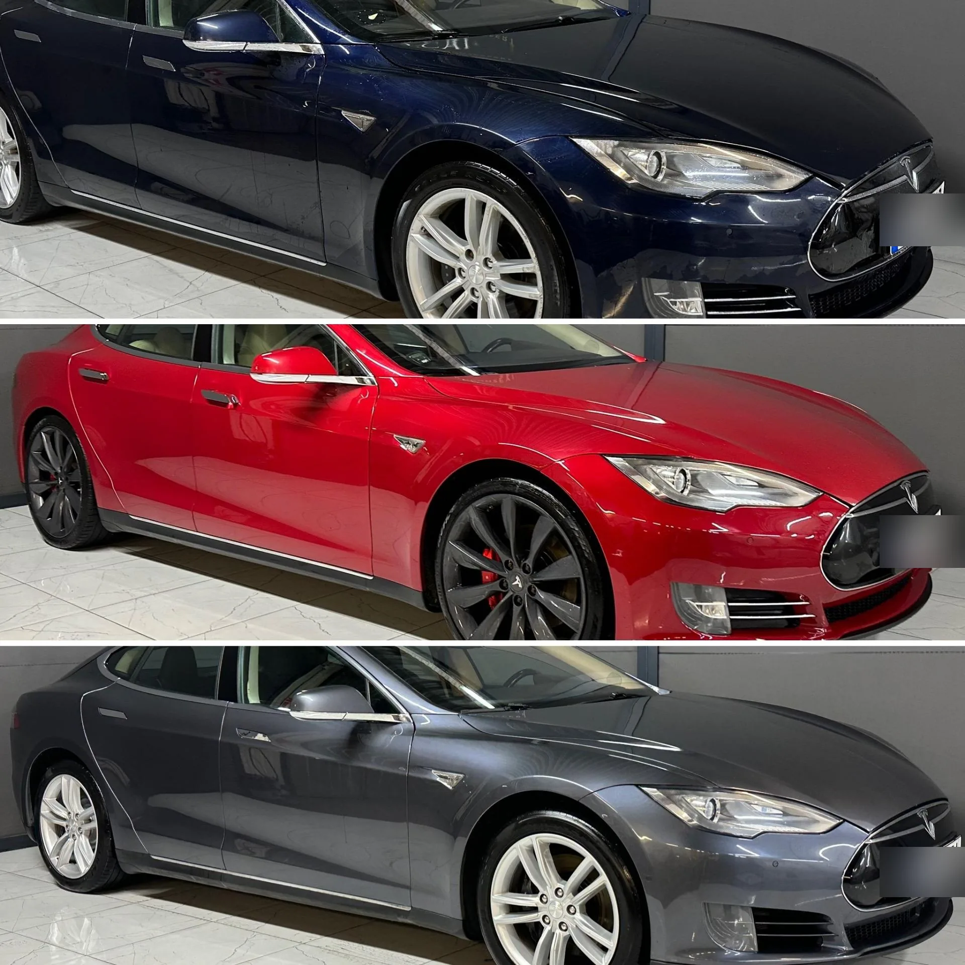 Tre Tesla Model S i olika färger inne i Pro Cars showroom i Linköping